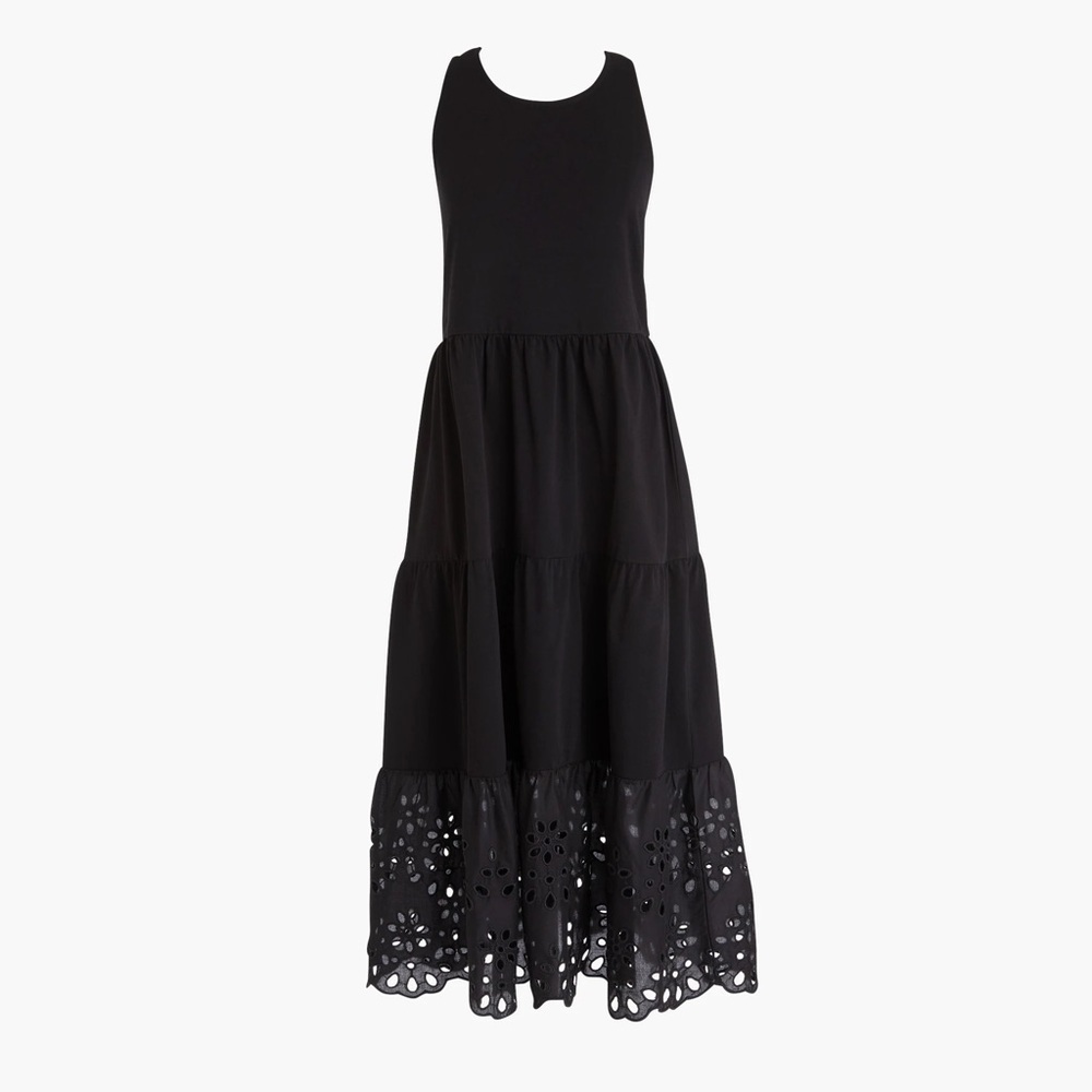 J. Crew Tiered Maxi Dress Eyelet Trim knit cotton sleeveless ruffle black